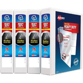 Avery Heavy-Duty View 3 Ring Binders, 1.5 Inch One Touch Slant Rings, DuraHinge, 2.1 Inch Wide Spine, Customizable Clear Cover and Spine, White Binders (4-Pack of 79781)