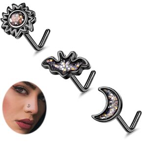 3PCS 20G Halloween Nose Studs for Women Men 316L Stainless Steel L Shaped Nose Ring Studs Ghost Pumpkin Bat Nose Ring Black Moon Sun Nose Piercing Jewelry