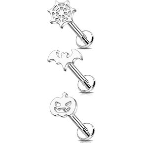 MeIighting 3PCS Bat Cartilage Earring 16G 8mm Halloween Helix Earring Internally Threaded Stainless Steel 316L Helix Stud Pumpkin Tragus Piercing Spider Web Flat Back Earring For Women