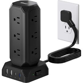 SUPERDANNY Power Strip Tower Surge Protector, Desktop Charging Station, 10 Ft Extension Cord, 9 Outlets, 4 USB Ports, 1080 Joules, 3-Prong, Grounded, Multiple Protections for Home, Office, Deep Brown