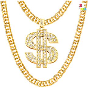 Spooktacular Creations Halloween Gold Dollar Chains Necklaces, 2 pcs Money Pendant Chain Hip Hop Dollar Sign Necklace Jewelry Accessory for Men Women Halloween Dress Up Party