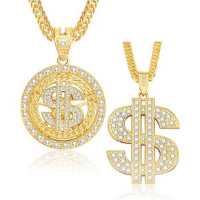 2PCS Money Chain Fake Gold Necklace: Big Money Dollar Sign Gold Chains Halloween Costume - Men Rapper Digger Hip Hop 70s 80s 90s Costume Accessories