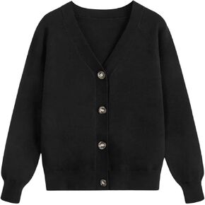 Girl's Button Down V Neck Cardigan Sweater Long Bishop Sleeve Knit Outerwear