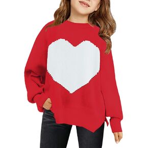 Haloumoning Girls Oversized Sweaters Kids Fashion Heart Pattern Batwing Sleeve Ribbed Knit Side Slit Pullover Tops