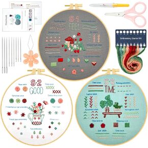 Ponpon 3 Sets Embroidery Kit for Beginners, Embroidery Kit for Adults with Follow Instruction, Cross Stitch Kits with Wooden Embroidery Hoops (Stlye B)