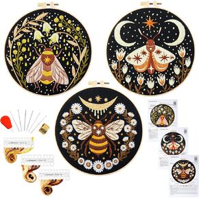 Embroidery Kits for Beginners Adults, Stamped Cross Stitch kits for Adult Beginners Embroidery Starter Kit with Pattern, 3 Embroidery Hoop and Fabric, Needles Threads (Attached Teaching Video QR Code)