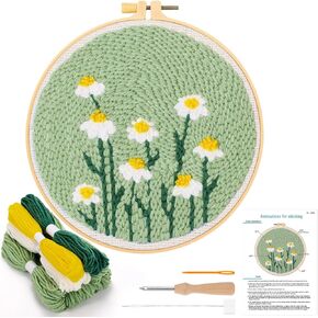 JSRQT Punch Needle Embroidery Starter Kits,Rug Hooking Kit for Kids and Adults Beginners,Handcraft Punch Needle Kits with Embroidery Hoops,Flowers and Plants Pattern