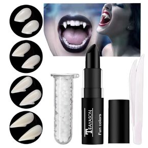 Go Ho 4 Pairs 4 Sizes Vampire Teeth with Adhesive,Black Lipstick for Halloween Costumes Makeup,Vampire Costume Cosplay Props Vampire Fangs Teeth,Vampire Accessories