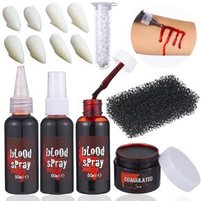 4PCS Halloween Fake Blood Makeup Kit and 4 Size Vampire Teeth Fangs Fake Blood Spray Blood Gel Dripping Blood Coagulated Blood for Halloween Vampire Cosplay Dress Up
