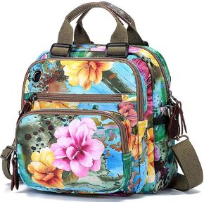 YouNuo Fashion Small Backpack Purse for Women, Floral Multi-Pocket Shoulder Handbag, Water-resistant Nylon Crossbody Purse for Mom, Ladies Convertible Mommy Bag with Insulated Pockets, Blue