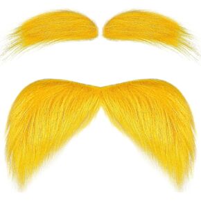 Yellow Mustache and Eyebrows Orange Nose, Self Adhesive Fake Mustache Beard Stick on Funny Costume Accessories Halloween Cosplay Party Favors for Men Women Adult