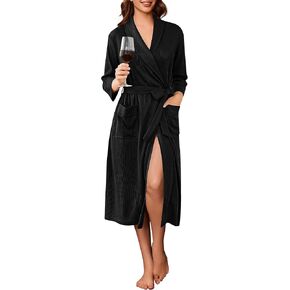 Ekouaer Robes for Women Long Waffle Knit Bathrobe Lightweight Kimono Robe Soft Shawl Collar Spa Robes with Pockets S-XXL