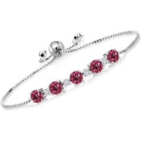 Gem Stone King 2.86 Ct Round Pink Tourmaline E-F Lab Grown Diamond 925 Sterling Silver Tennis Bracelet For Women