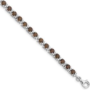 Solid 925 Sterling Silver Brown Simulated Smokey Quartz and Diamond Tennis Bracelet - with Secure Lobster Lock Clasp 7" (.02 cttw.)