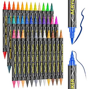 36 Colors Acrylic Paint Markers, Dual Tip Acrylic Paint Pens with Premium Fine Tip and Brush Tip for Stone, Wood, Paper, Canvas, Fabric, Glass, Rock Painting, Ceramic Surfaces, DIY Art Supplies