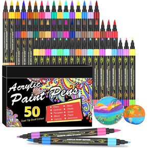 Amamao 100 Colors Acrylic Paint Markers Pens Set,50 Pack Dual Tip Acrylic Paint Markers with Brush Tip and Fine Tip for Rock Painting Fabric Plastic Wood Canvas Stone Glass Paper DIY Craft Supplies