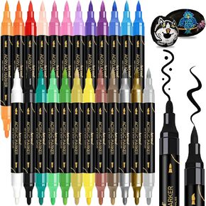 24 Colors Acrylic Paint Pens-Dual Tip Markers, Vibrant, Long Lasting Colors that Dry Quickly, Ideal for Canvas, Paper, Glass, Ceramic, Wood, and Rock