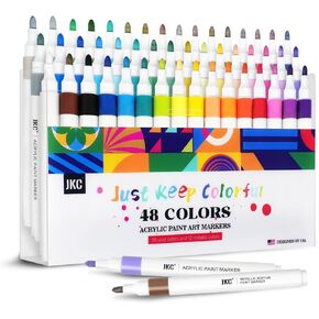 JKC 48 Colors Acrylic Paint Markers Set, Acrylic Paint Pens with Medium Tip for Kids Adults, Acrylic Markers for Rock Painting, Pumpkin Stone, Canvas, Wood, Paper, Glass, Ceramic, Fabric, Plastic, Egg
