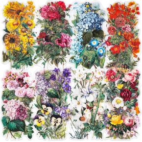 Knaid 100 Pieces Vintage Flower Stickers Set - Big 3.4" Waterproof Clear Botanical Floral Journaling Sticker for Scrapbooking Junk Journal Supplies Bullet Journals Planner Collage Laptop Paper Crafts
