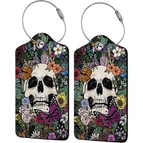 Skull and Colorful Flower Luggage Tags for Suitcases,2 Pack Luggage Tag, Leather Stainless Steel Loop Label Tag for Women Girl Travel Bag Suitcase