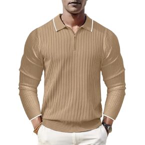 ThusFar Men's Zipper Polo Shirt Casual Knit Long Sleeve Ribbed Polo T Shirt Classic Fit Golf Shirts Activewear Polos