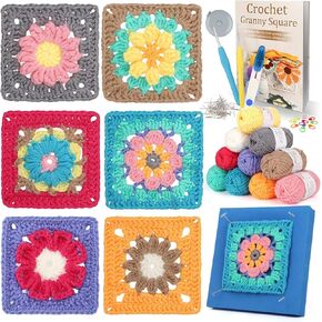 Coopay Crochet Kit Beginners for 6 Types Granny Squares, Starter Knitting Kit with Instructions & 8PCS Yarn, Crochet Start Kit for Adults Learn to Crochet Granny Square Coasters, Table Runners, ect