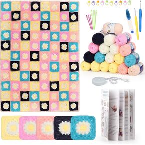 Katech Blanket Crochet Kit for Beginners, Granny Square Crochet Blanket Kit for Adults Learn How to Crochet Daisy Granny Squares Blanket, w/Step-by-Step Tutorials Crochet Starter Kit Pink