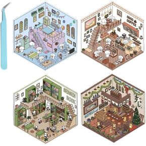 DIY 3D House Stickers DIY 3D House Sticker 4 Sets 3D Sticker Scene Make Your Own Mini Room Scenes Supermarket Coffee Shop Restaurant Bookstore for Adult Kids Relief Stress Pass The Time