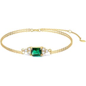 14K Real Gold Gemstone Bracelets, Yellow Gold Emerald Bracelet for Women, Square Cut Emerald Double Chain Birthstone Bracelets Jewelry Birthday Christmas Gifts, 6.5'' to 8.5''