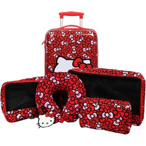 Bioworld Hello Kitty Red & Pink Bows Luggage, Luggae Tag, Packing Cube & Neck Pillow Travel Set