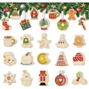 60 Pcs Wooden Christmas Ornaments, 30 Styles DIY Unfinished Wood Crafts, Predrilled Natural Wood Slices Christmas Ornament Kit with Strings Colored Bells and Pens for Kids Xmas Tree Hanging Decoration