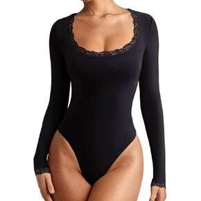 REORIA Women's Sexy Lace Scoop Neck Long Sleeve Double Lined Layering Slim Bodysuit Tops
