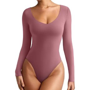 REORIA Women's Long Sleeve Bodysuits Basic V Neck Slim Comfy Lightweight Layering Going Out Tops Fall Winter Outfits