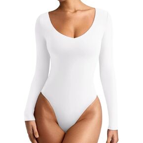 REORIA Women's Long Sleeve Bodysuits Basic V Neck Slim Comfy Lightweight Layering Going Out Tops Fall Winter Outfits in Kuwait