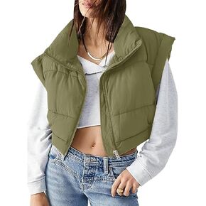 Fazortev Women's Puffer Vest Crop Zip Up Sleeveless Outerwear Puffer Vest Winter Warm Gilet