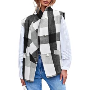 Cicy Bell Womens Plaid Vest Sleeveless Button Down Wool Blend Coats Dressy Casual Outerwear with Pockets