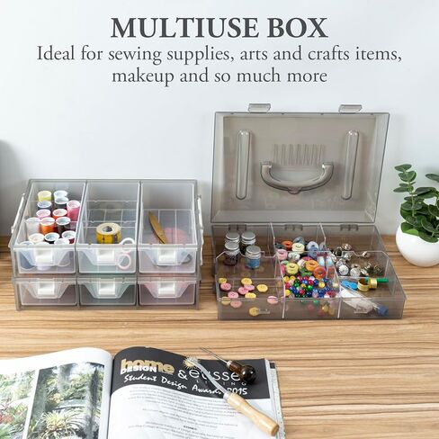 MyGift 11 Inch Smoke Gray Transparent Arts and Crafts Sewing Supplies Storage Organizer Case with White Accents, 24 Customizable Compartments, and 6 Drawers with Removable Dividers in Saudi Arabia