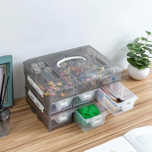 MyGift 11 Inch Smoke Gray Transparent Arts and Crafts Sewing Supplies Storage Organizer Case with White Accents, 24 Customizable Compartments, and 6 Drawers with Removable Dividers in Saudi Arabia