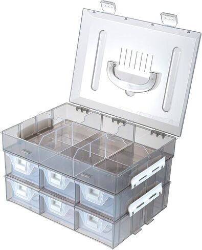 MyGift 11 Inch Smoke Gray Transparent Arts and Crafts Sewing Supplies Storage Organizer Case with White Accents, 24 Customizable Compartments, and 6 Drawers with Removable Dividers in Saudi Arabia