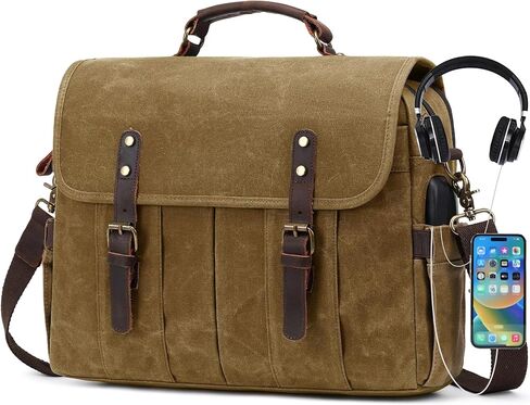 Messenger Bag for Men 15.6 Inch Vintage Canvas Genuine Leather Briefcase for Men Laptop Bag Satchel Shoulder Bag in Kuwait