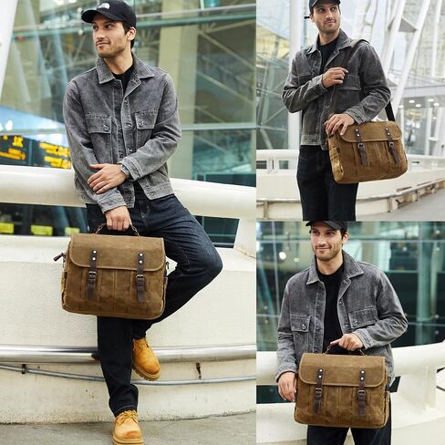 Messenger Bag for Men 15.6 Inch Vintage Canvas Genuine Leather Briefcase for Men Laptop Bag Satchel Shoulder Bag in Kuwait