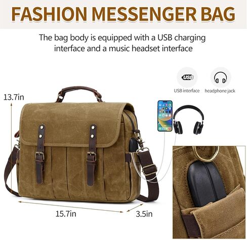 Messenger Bag for Men 15.6 Inch Vintage Canvas Genuine Leather Briefcase for Men Laptop Bag Satchel Shoulder Bag in Kuwait