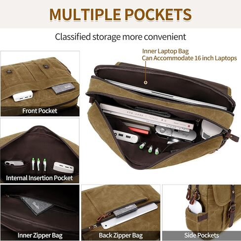 Messenger Bag for Men 15.6 Inch Vintage Canvas Genuine Leather Briefcase for Men Laptop Bag Satchel Shoulder Bag in Kuwait