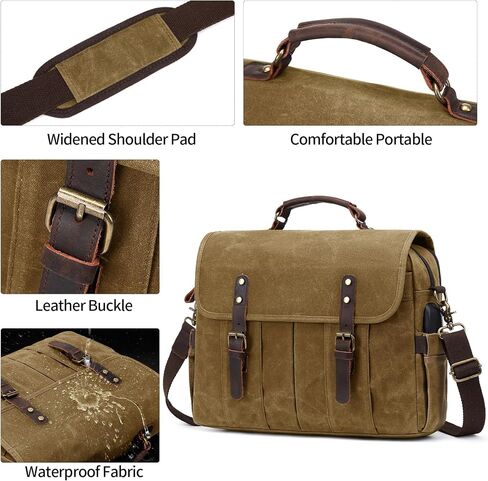 Messenger Bag for Men 15.6 Inch Vintage Canvas Genuine Leather Briefcase for Men Laptop Bag Satchel Shoulder Bag in Kuwait