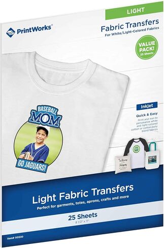 PrintWorks Printable Iron on Heat Transfer Paper for Light Fabrics & T-Shirts, 8.5" x 11", 25 Sheets, Easily DIY, Made in the USA in Kuwait