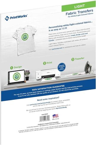 PrintWorks Printable Iron on Heat Transfer Paper for Light Fabrics & T-Shirts, 8.5" x 11", 25 Sheets, Easily DIY, Made in the USA in Kuwait