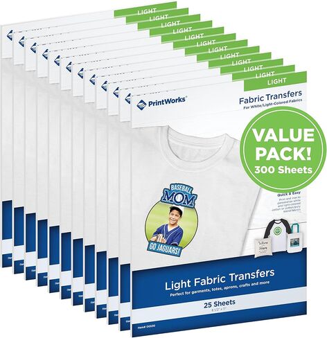 PrintWorks Printable Iron on Heat Transfer Paper for Light Fabrics & T-Shirts, 8.5" x 11", 25 Sheets, Easily DIY, Made in the USA in Kuwait