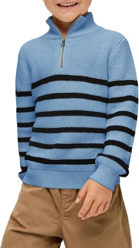 Haloumoning Boys Striped Quarter Zip Sweater Kids Fashion Long Sleeve Knit Pullover Sweaters Tops 5-14 Years in Kuwait