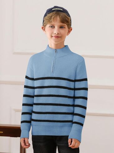 Haloumoning Boys Striped Quarter Zip Sweater Kids Fashion Long Sleeve Knit Pullover Sweaters Tops 5-14 Years in Kuwait
