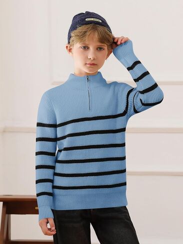 Haloumoning Boys Striped Quarter Zip Sweater Kids Fashion Long Sleeve Knit Pullover Sweaters Tops 5-14 Years in Kuwait